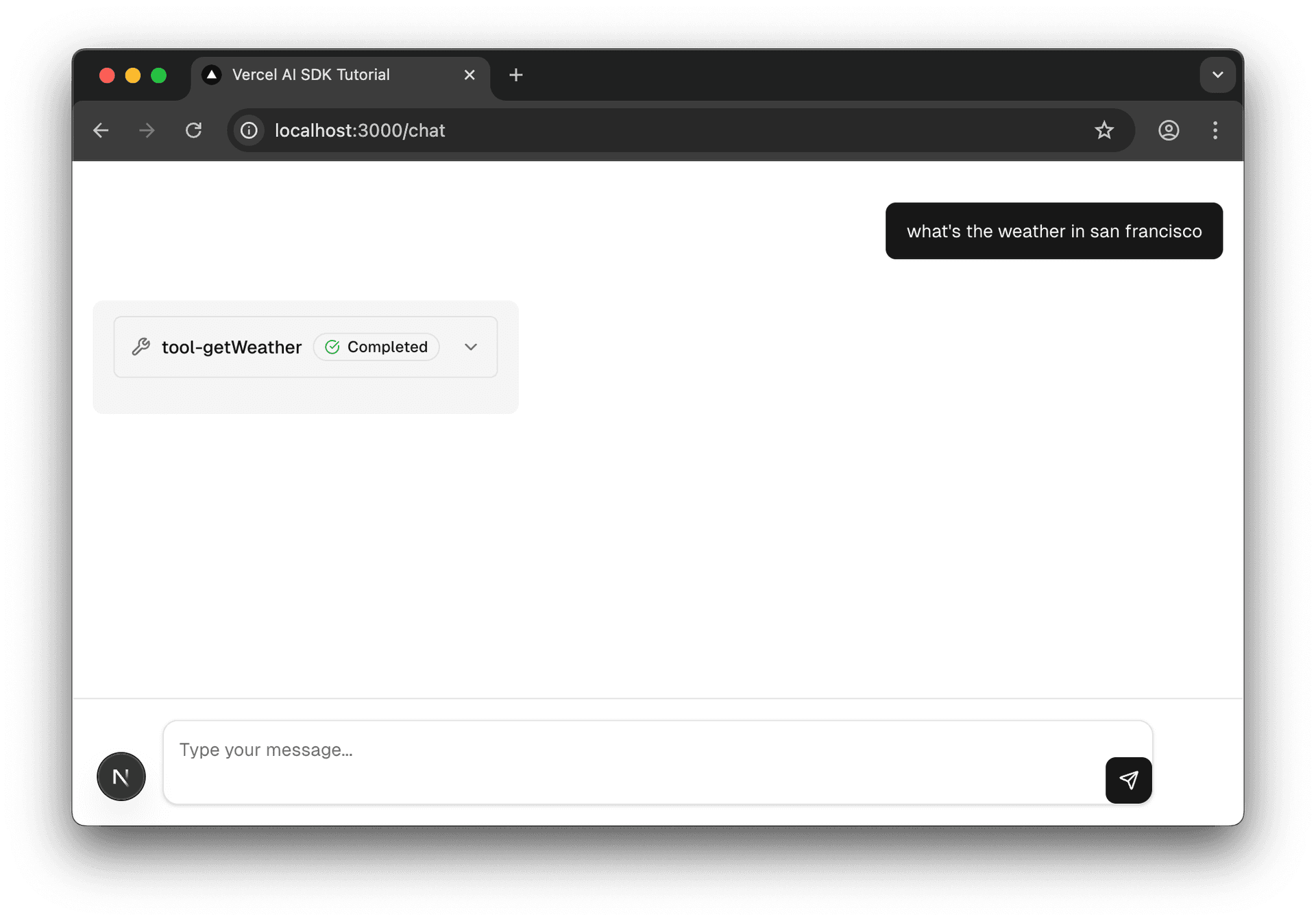 Screenshot of the chat UI showing the beautiful tool card with the tool name and status