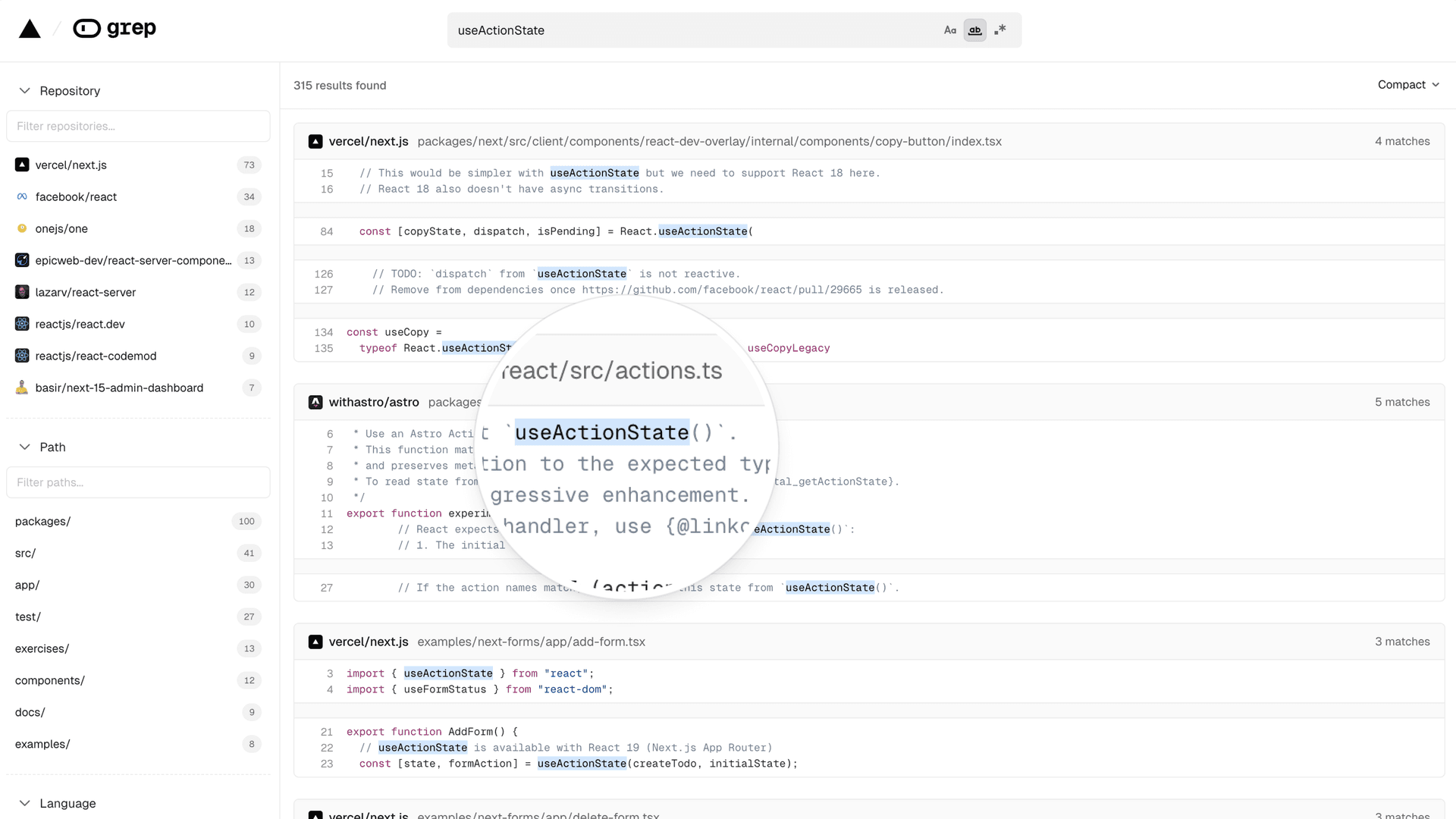 Example of searching for useActionState.